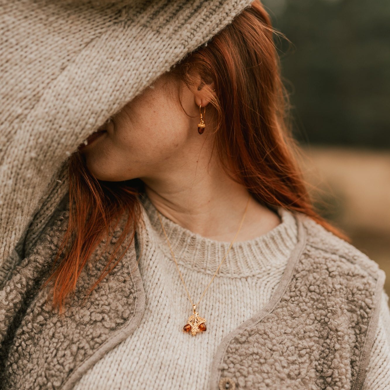 AMBER ACORN AND LEAF NECKLACE