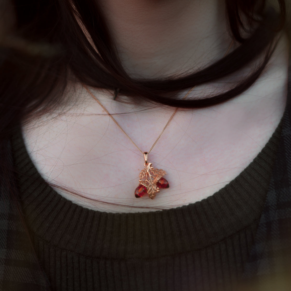 AMBER ACORN AND LEAF NECKLACE