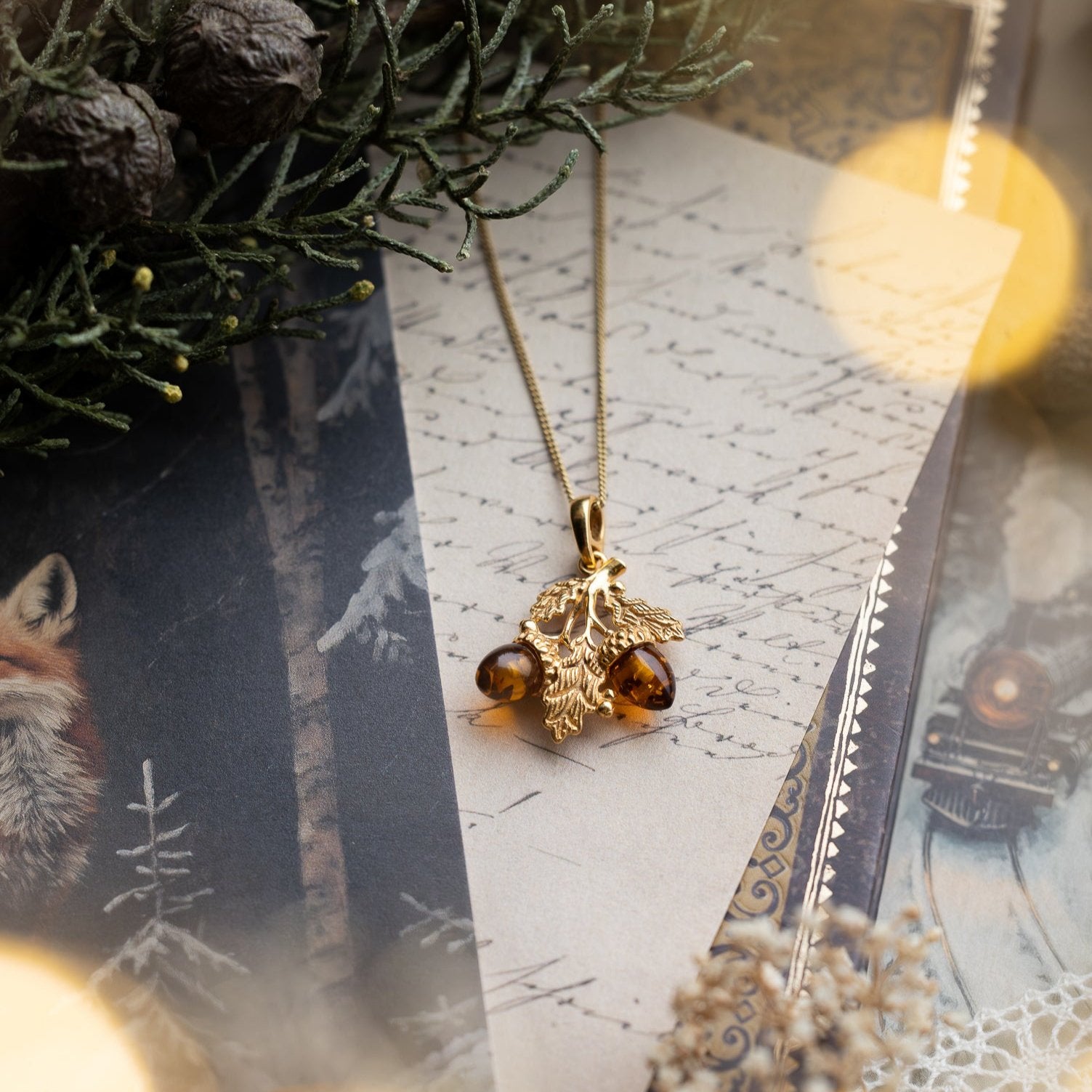 AMBER ACORN AND LEAF NECKLACE