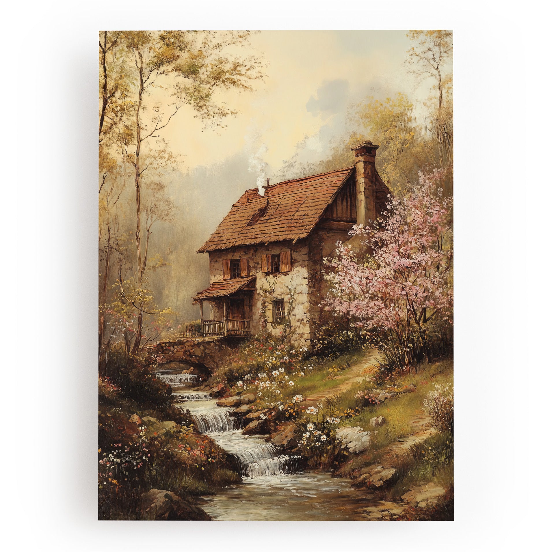 KUNSTDRUCK HAUS AM FLUSS IM FRÜHLING