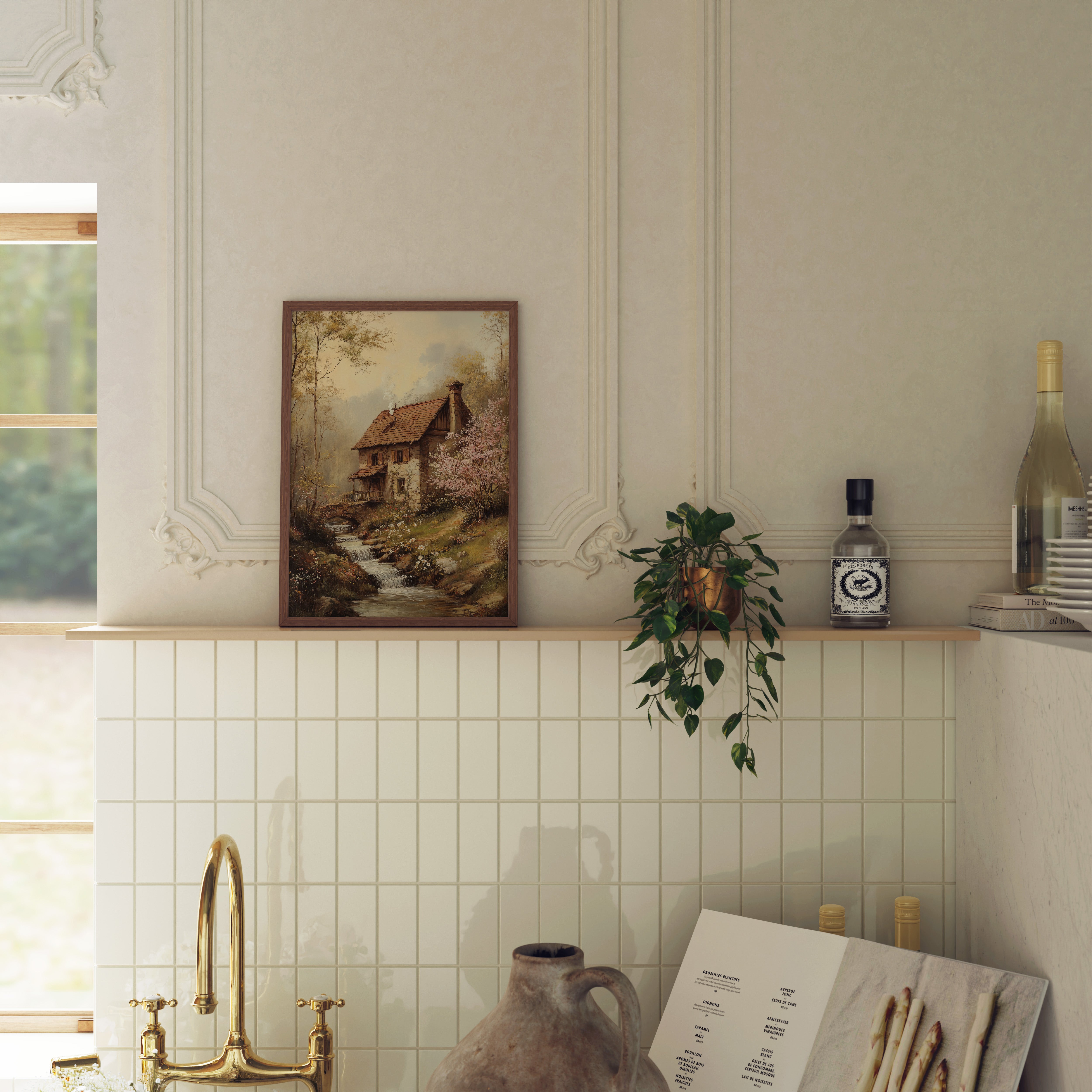 KUNSTDRUCK HAUS AM FLUSS IM FRÜHLING