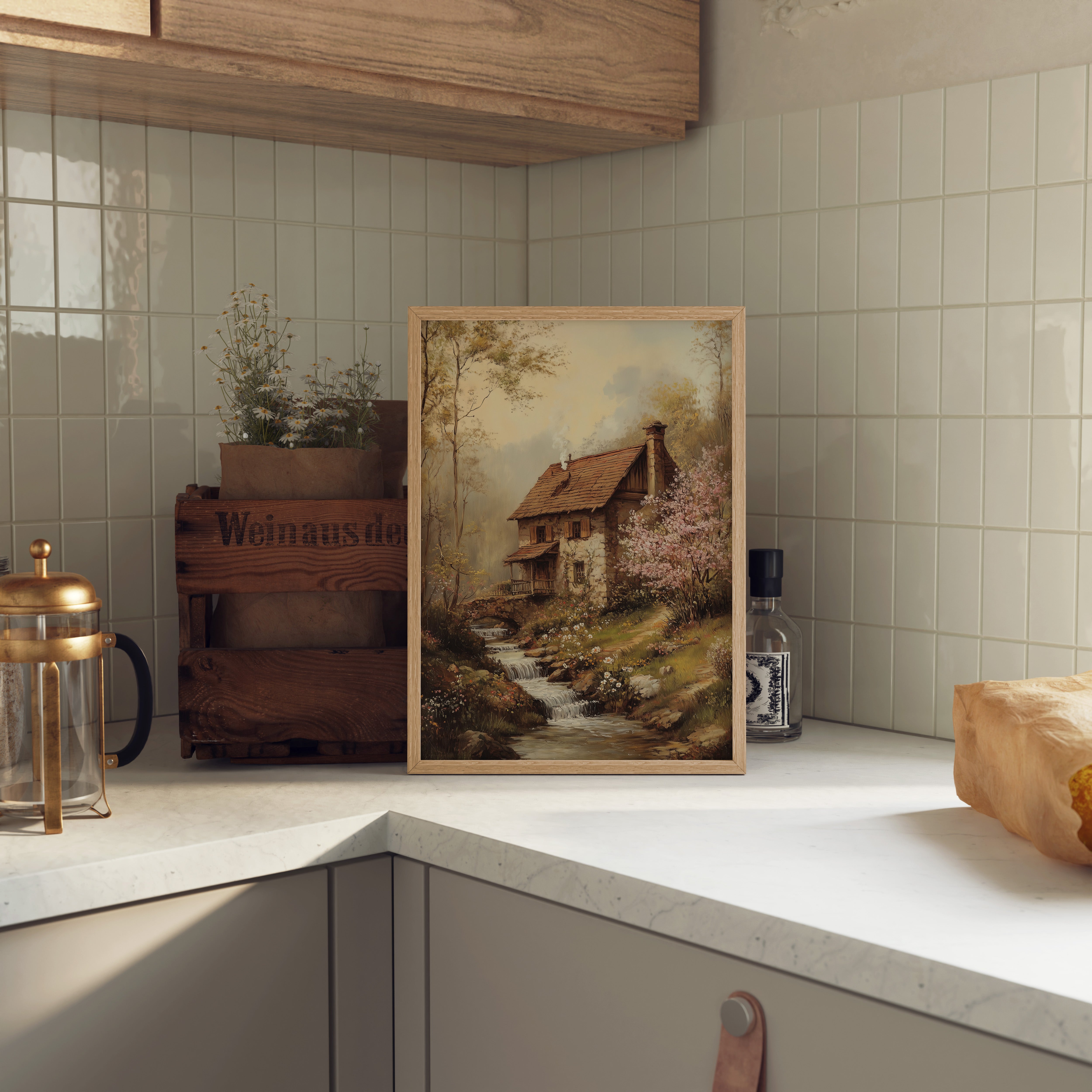 KUNSTDRUCK HAUS AM FLUSS IM FRÜHLING