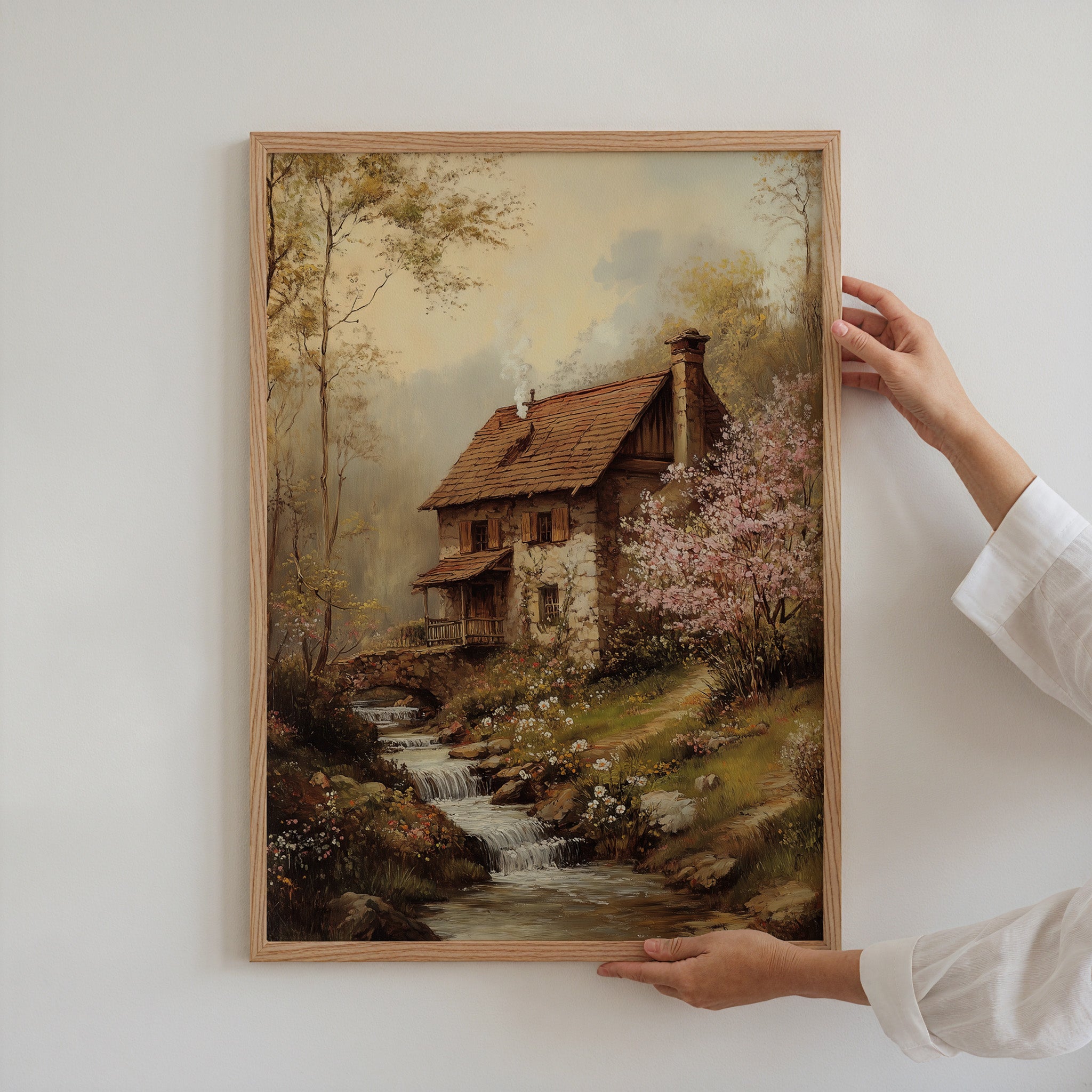 KUNSTDRUCK HAUS AM FLUSS IM FRÜHLING