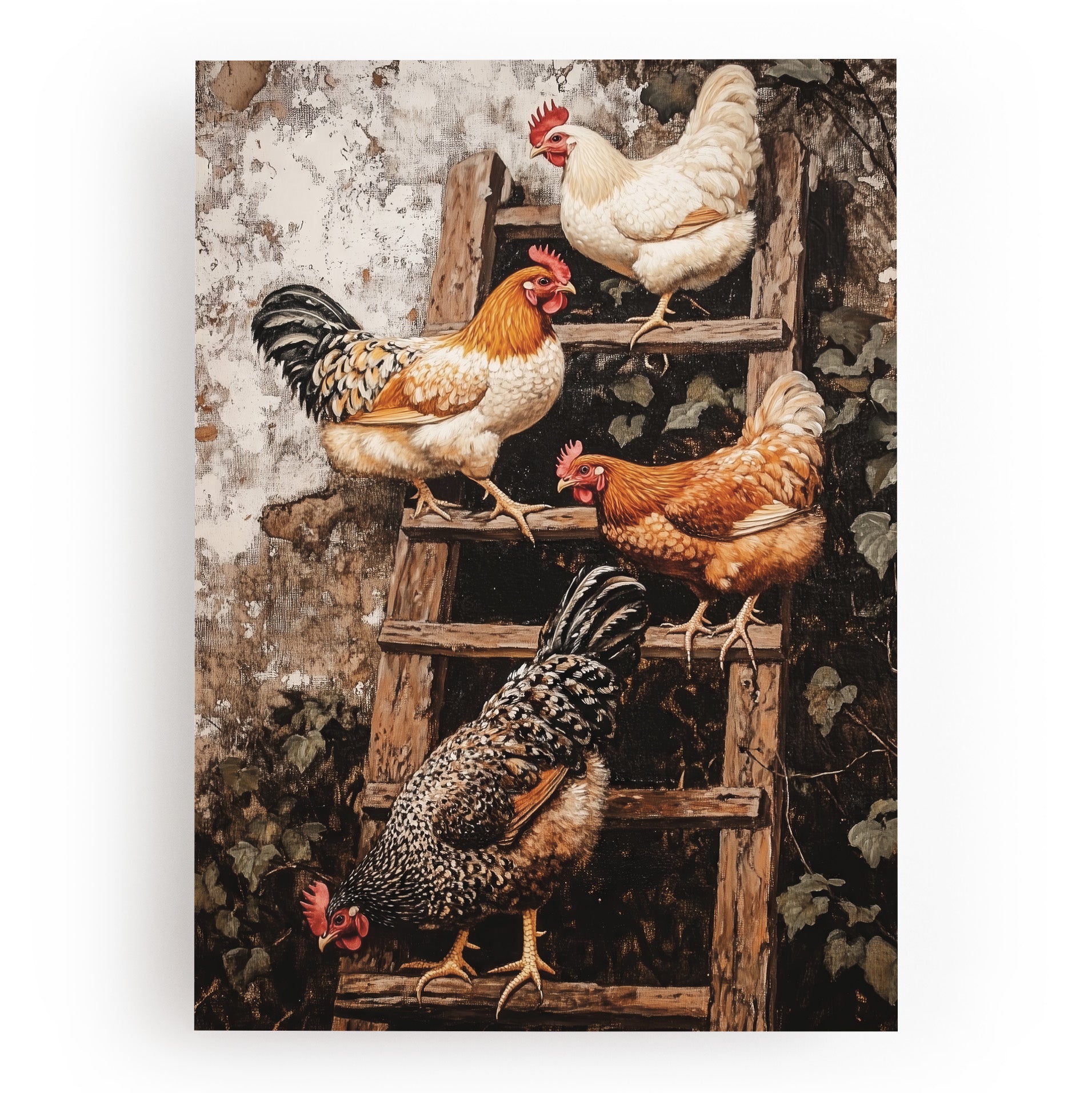 KUNSTDRUCK HÜHNER AUF DER LEITER