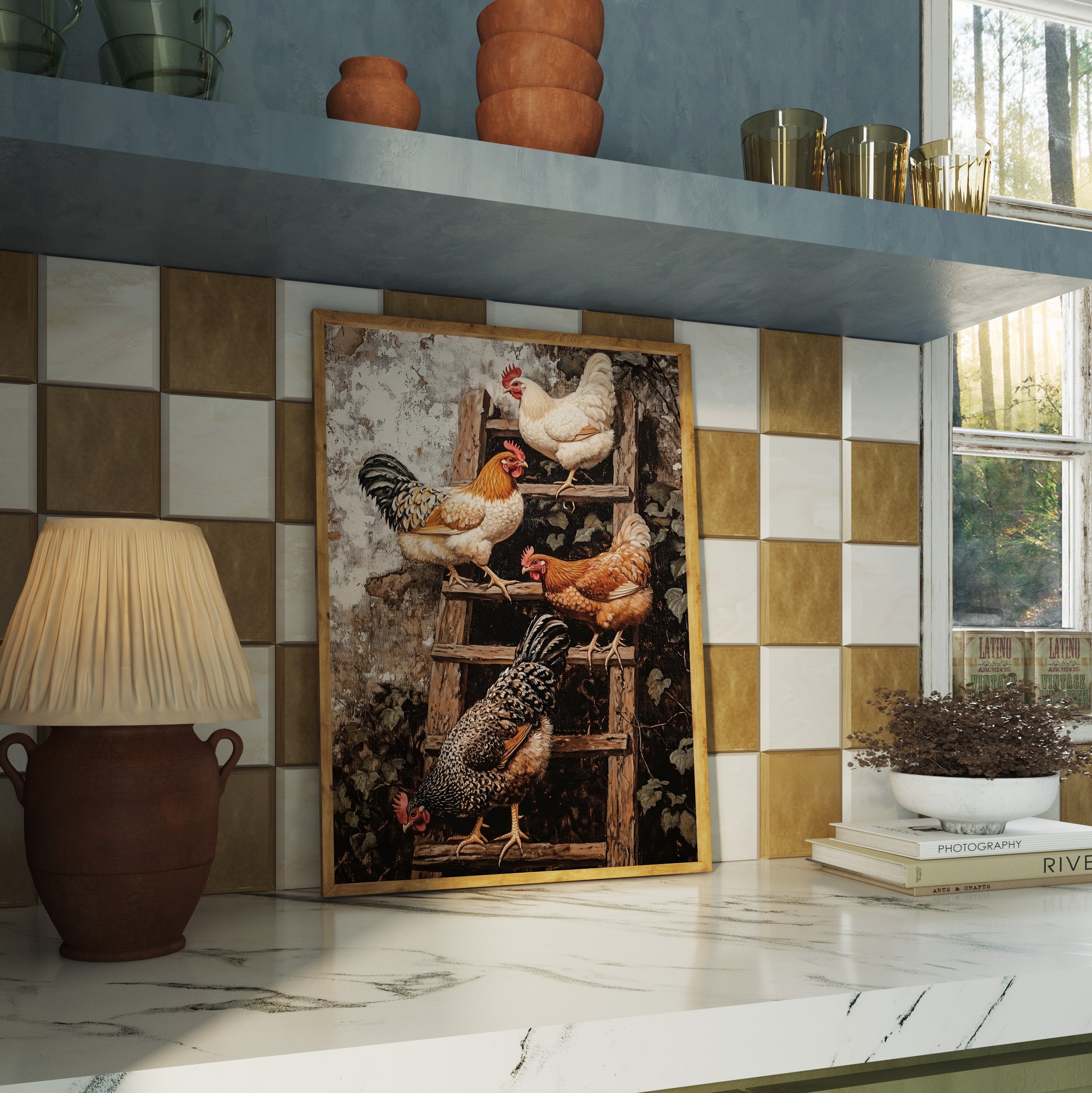 KUNSTDRUCK HÜHNER AUF DER LEITER