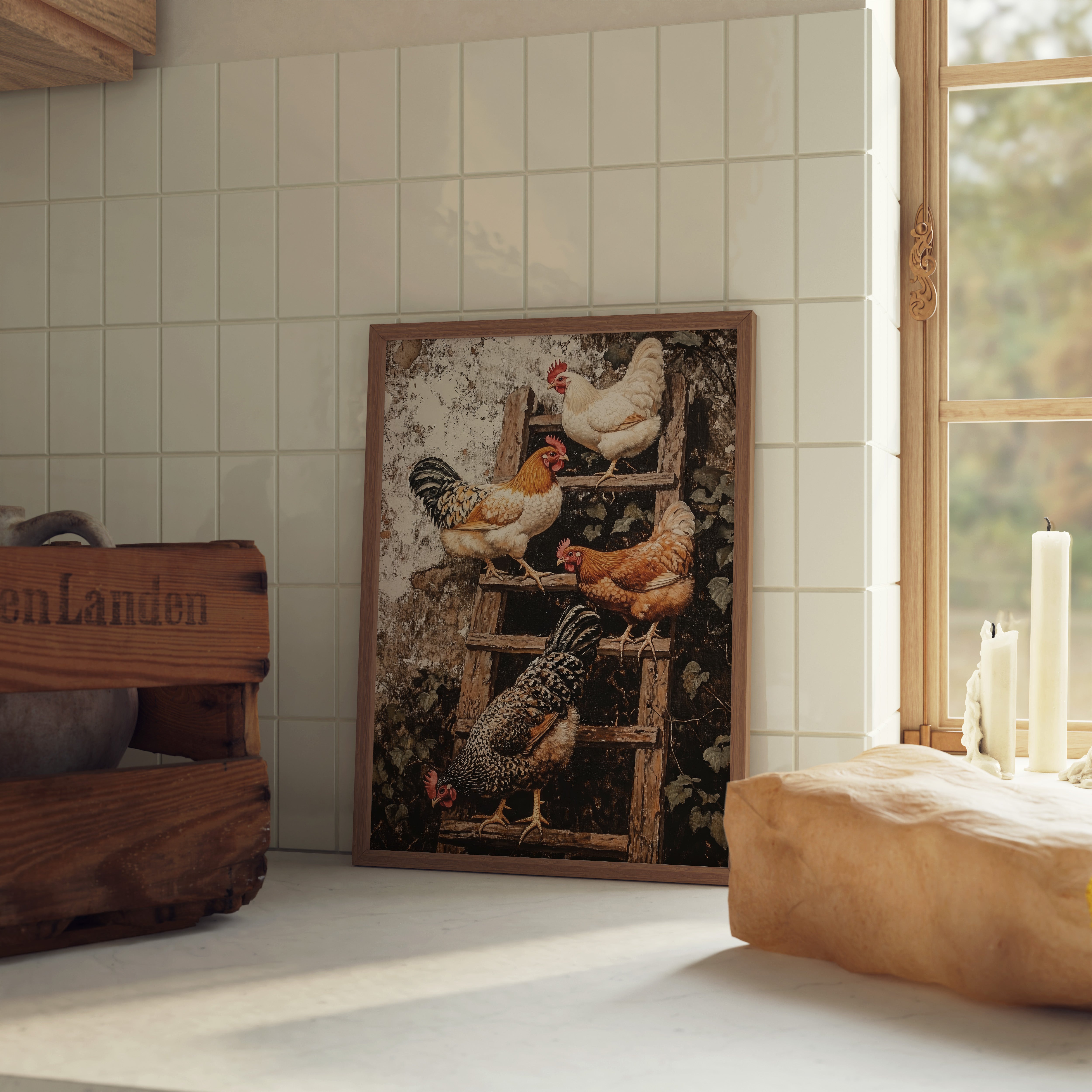 ART PRINT CHICKENS ON THE LADDER