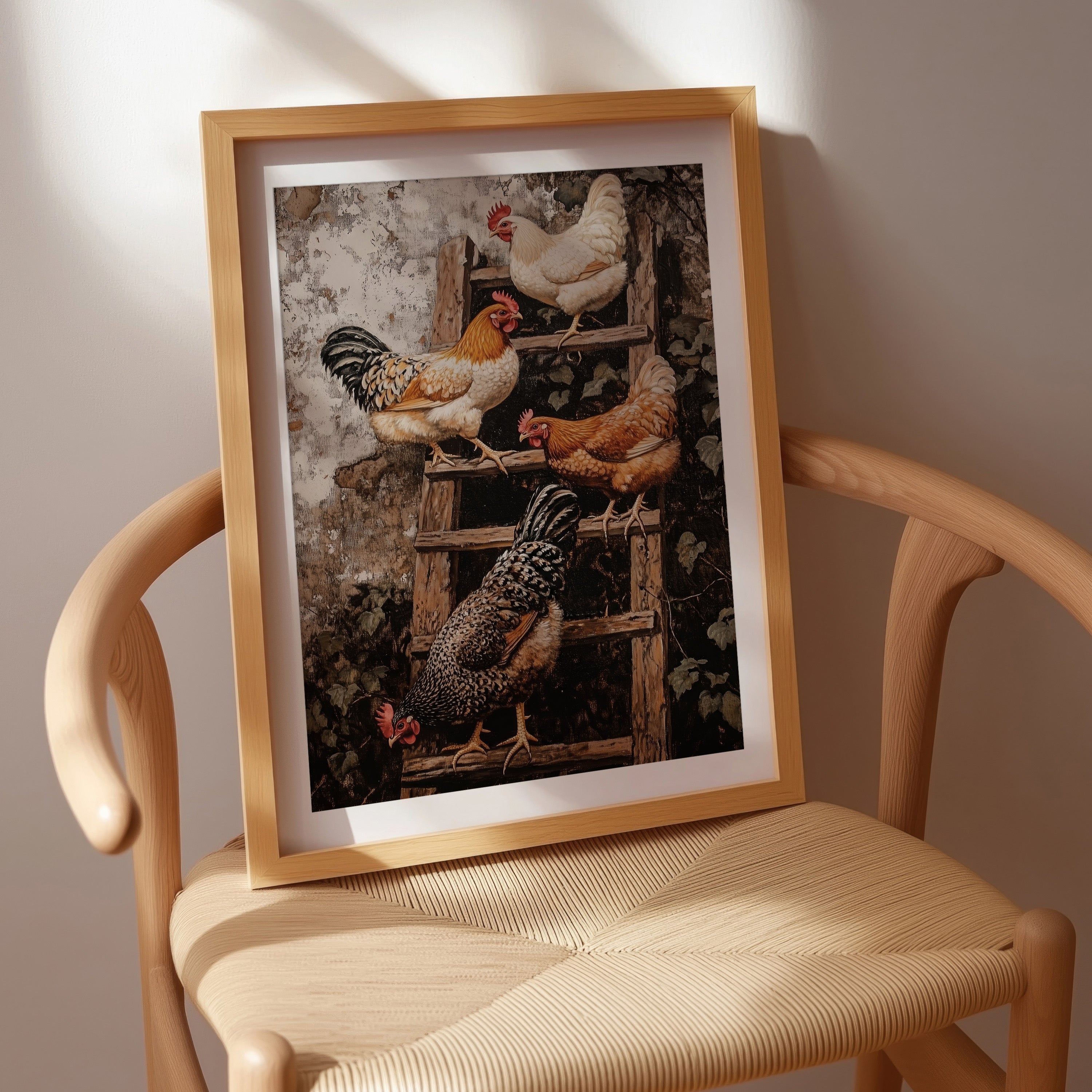 ART PRINT CHICKENS ON THE LADDER