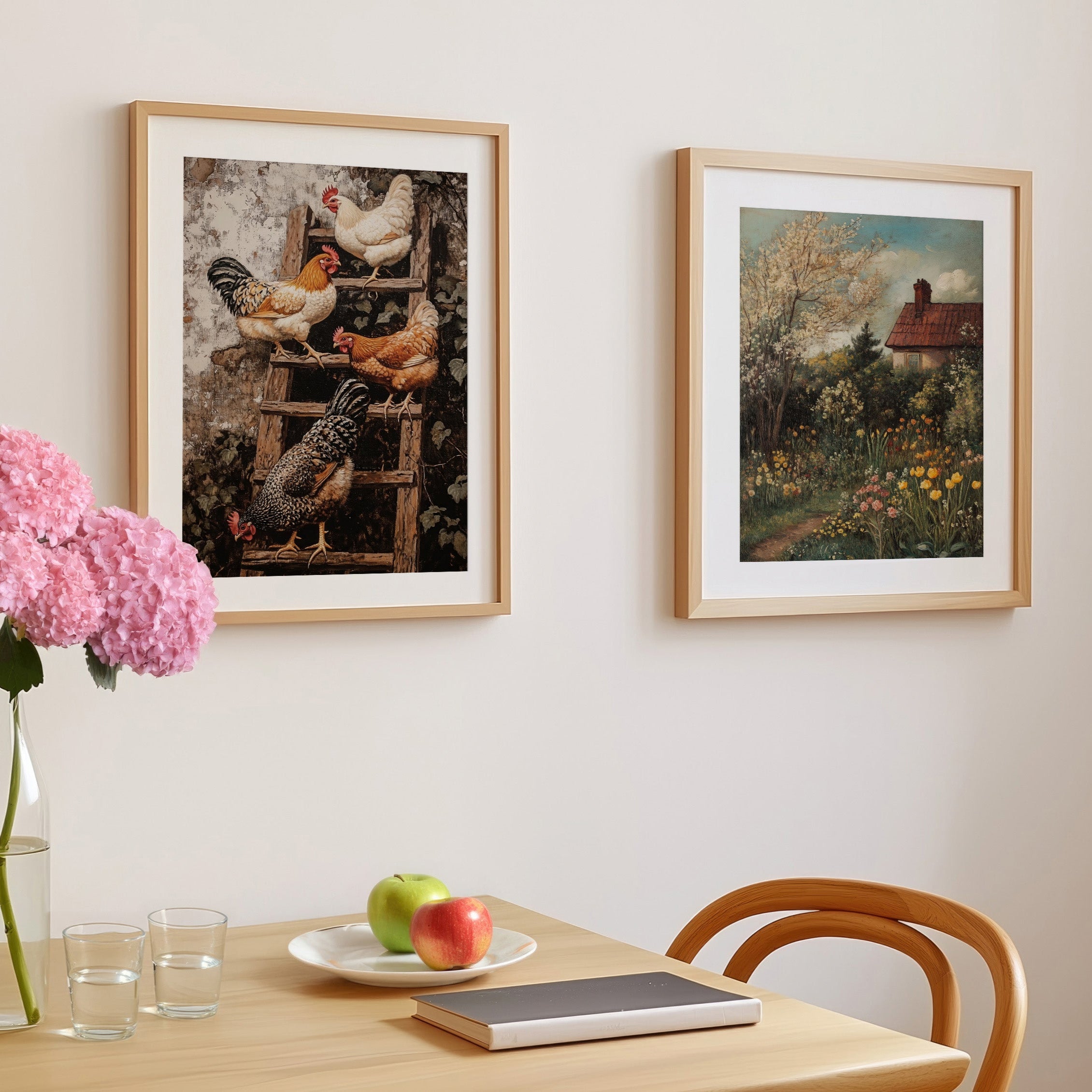 ART PRINT CHICKENS ON THE LADDER