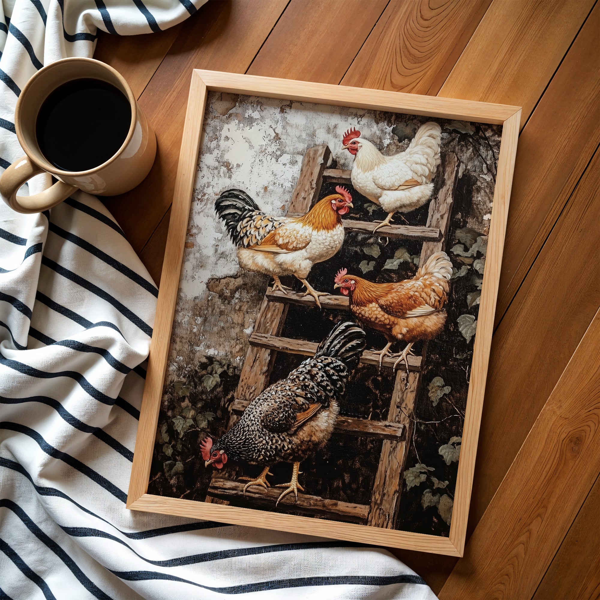 ART PRINT CHICKENS ON THE LADDER
