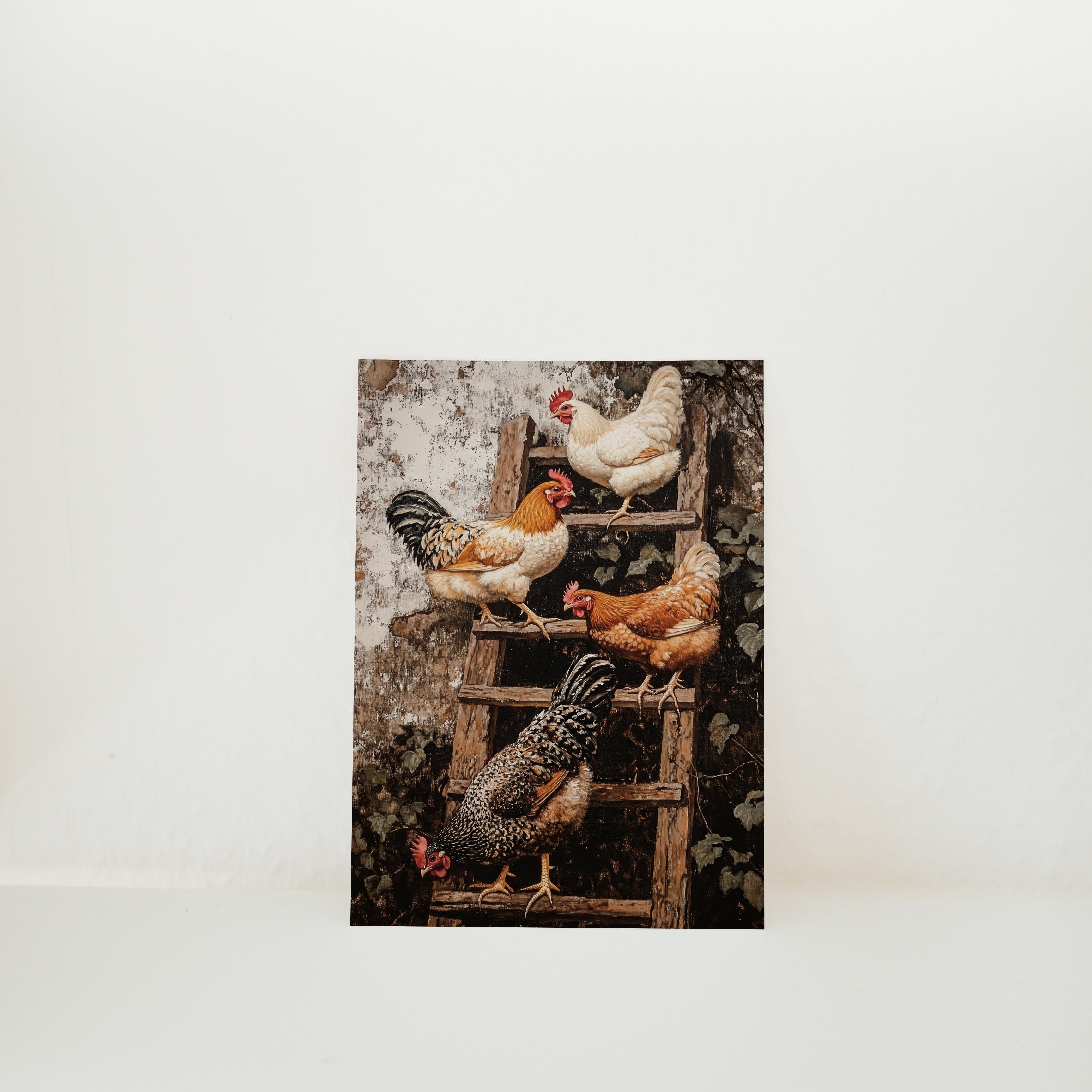 POSTKARTE HÜHNER AUF DER LEITER