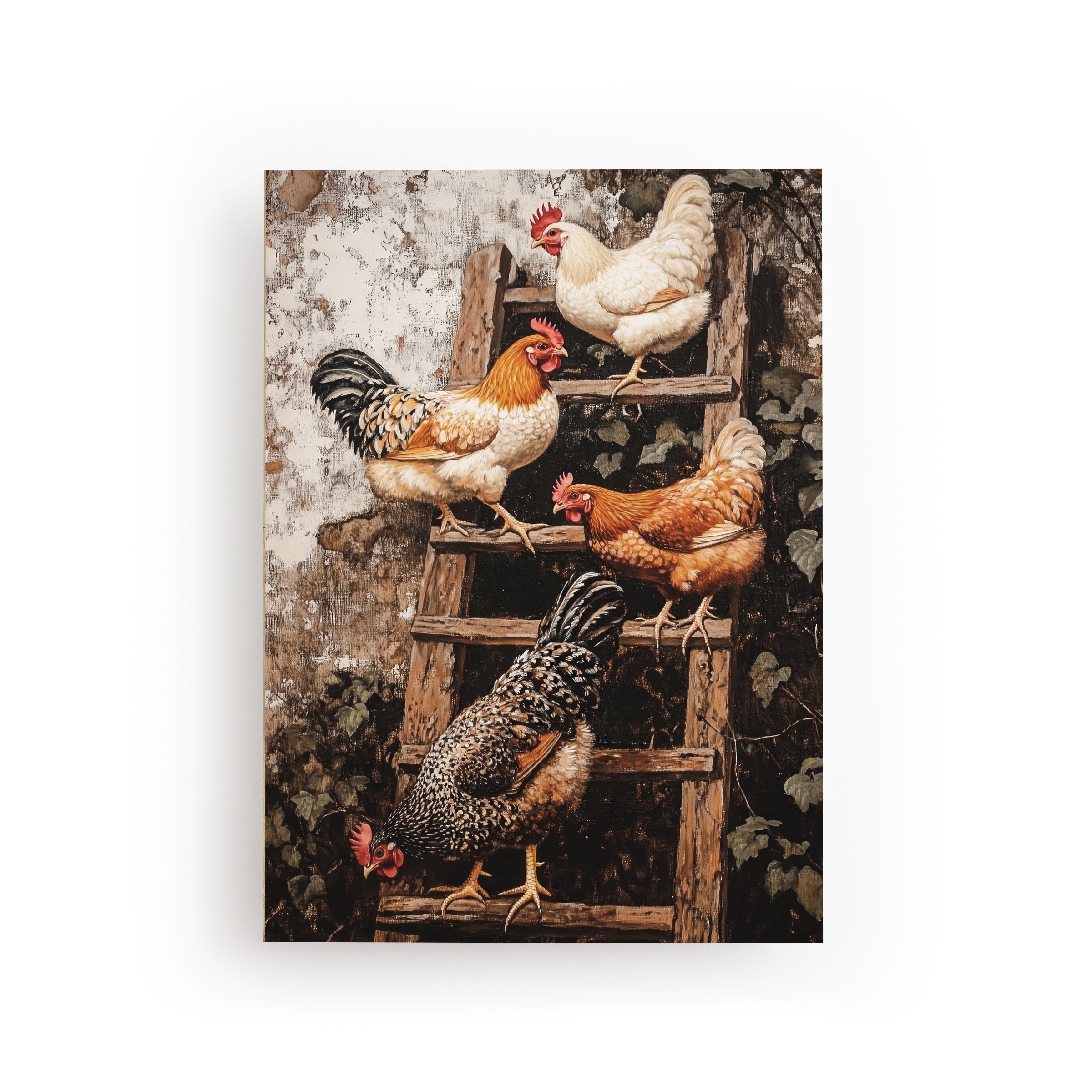 POSTKARTE HÜHNER AUF DER LEITER